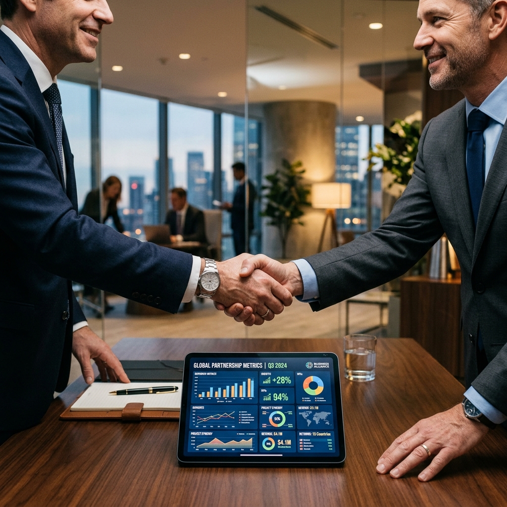 Two business executives shaking hands over a digital tablet