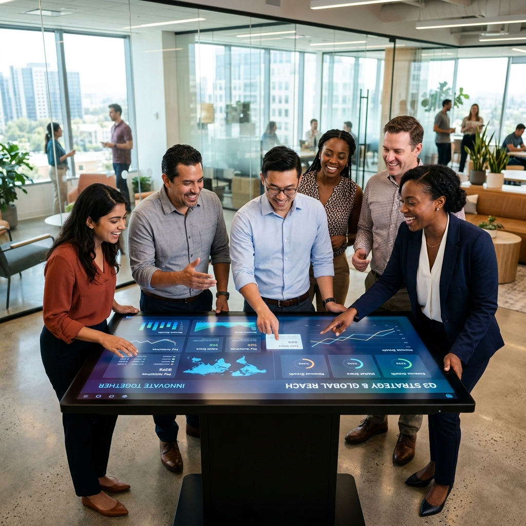 Diverse team collaborating around an interactive digital display screen