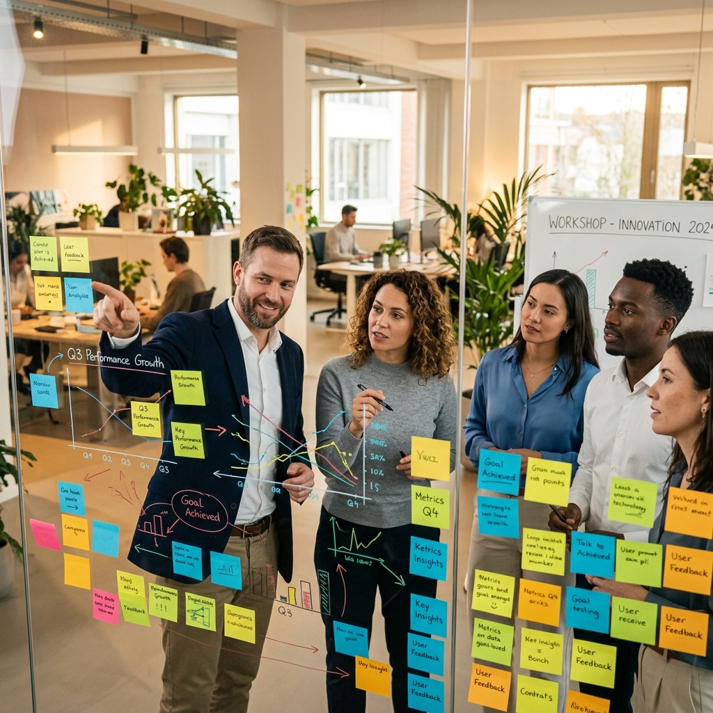 Colleagues pointing at data visualizations on a glass wall