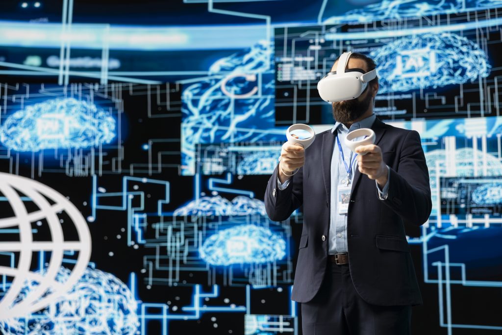 it engineer works with vr headset and artificial intelligence brain