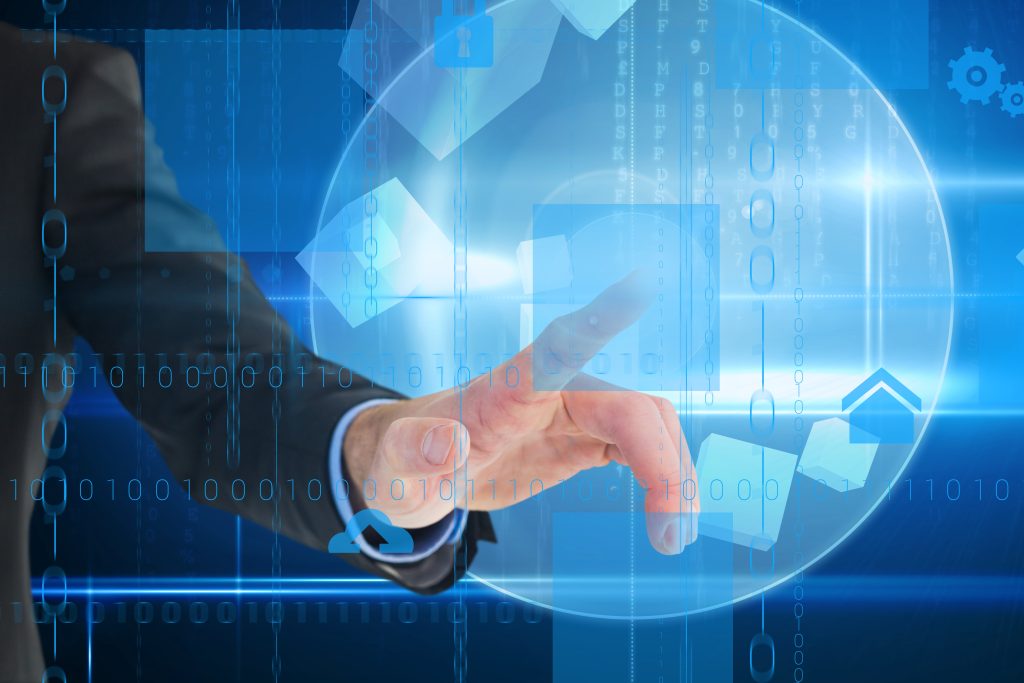 composite of hand pointing at graphics with blue background